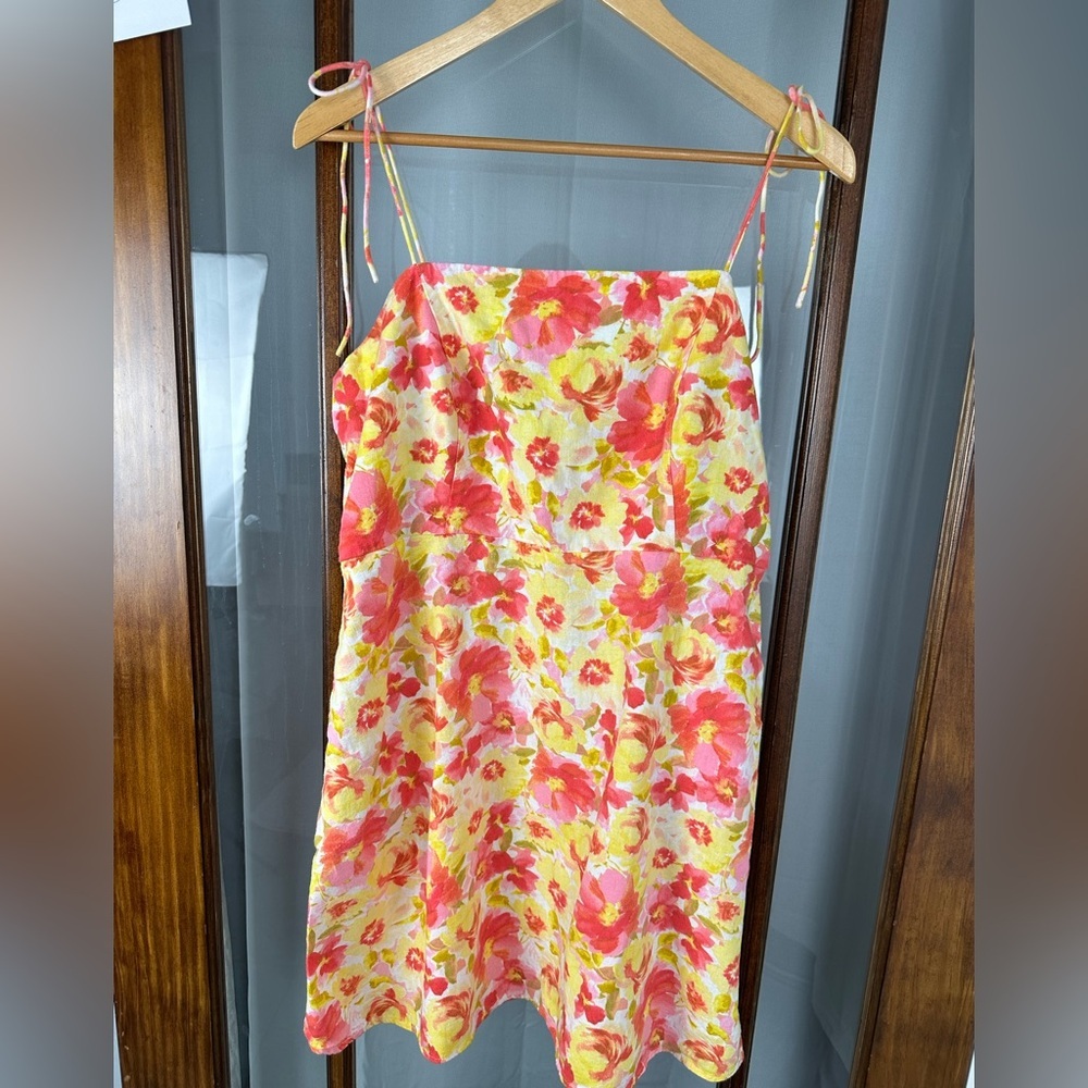 Old Navy Mini Dress XL Yellow Pink Floral Spaghetti Straps Linen Blend Pockets